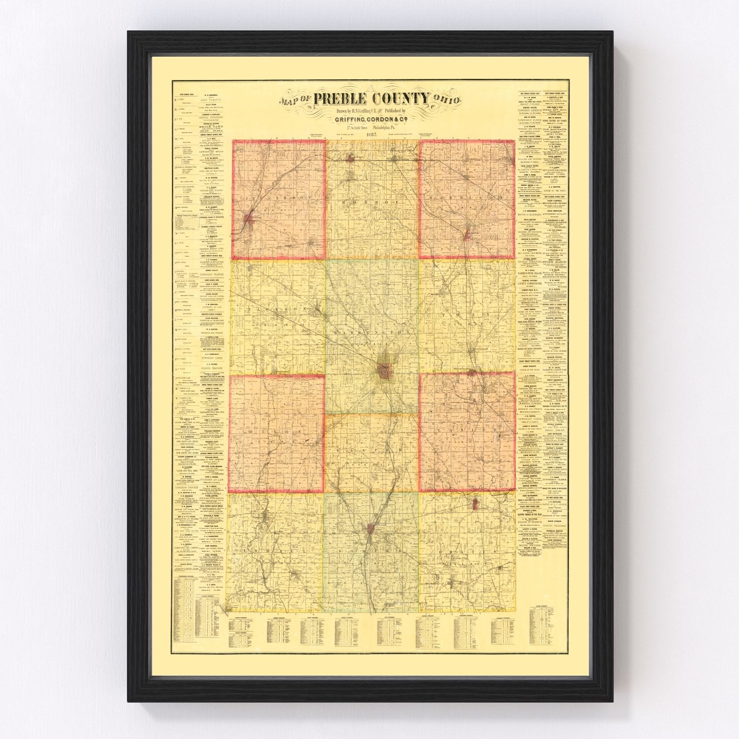 Vintage map of Preble County, Ohio, 1887