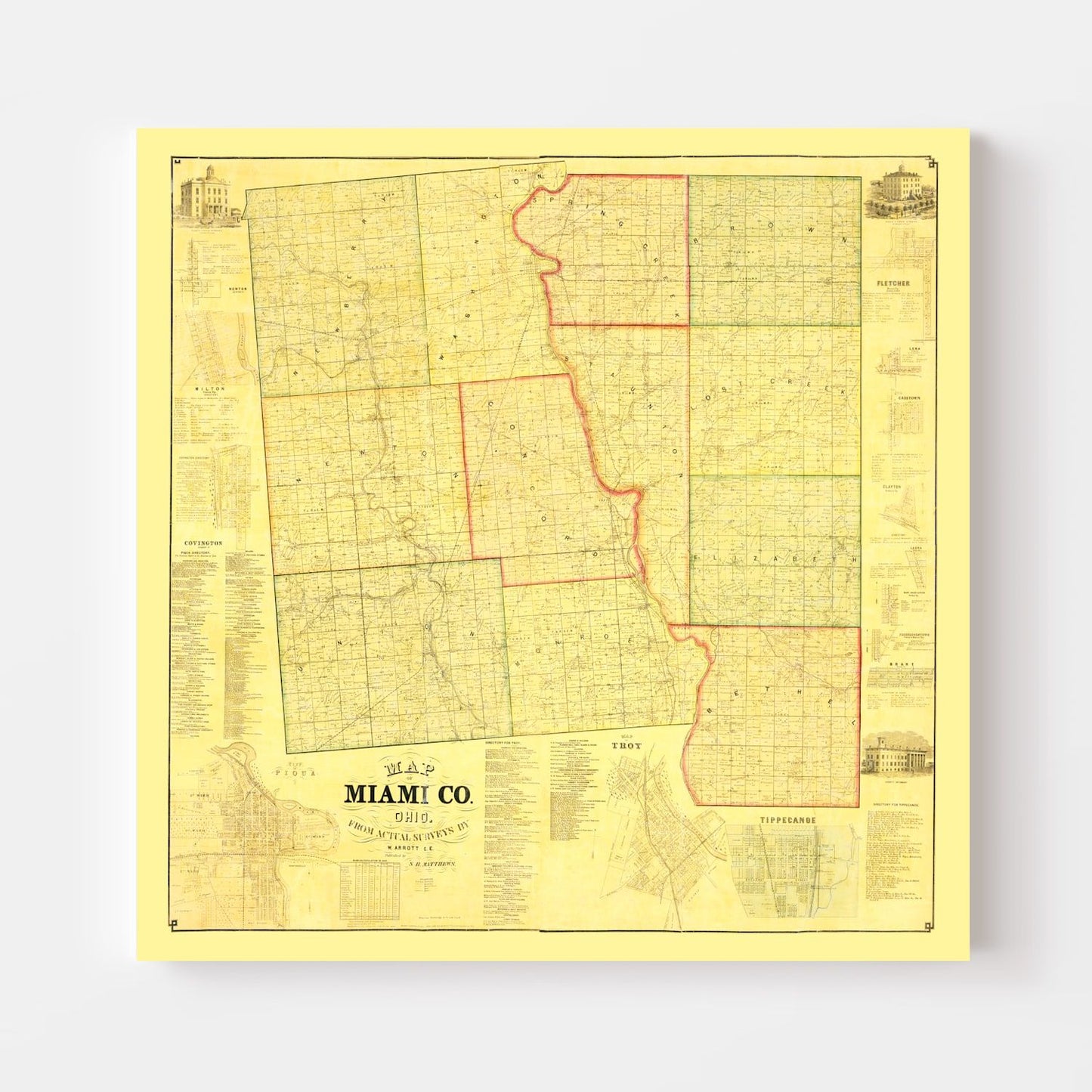 Vintage Map of Miami County, Ohio, 1858