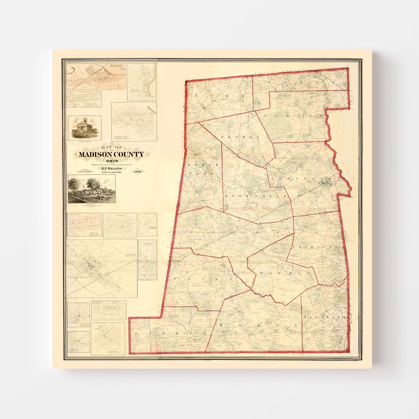 Vintage Map of Madison County, Ohio, 1862