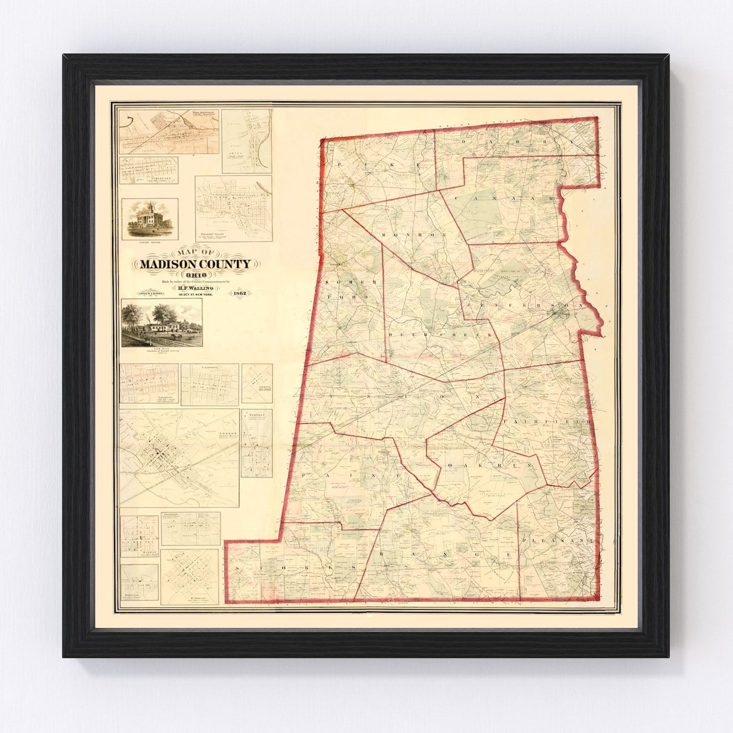 Vintage map of Madison County, Ohio, 1862