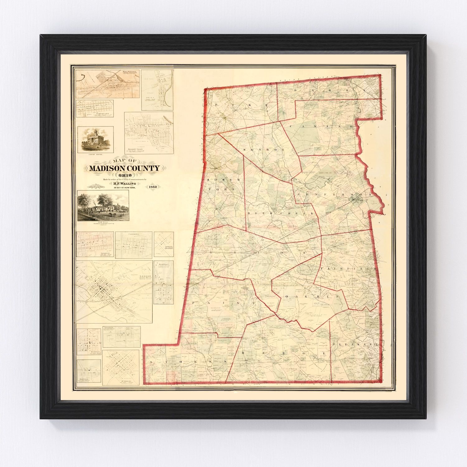 Vintage map of Madison County, Ohio, 1862