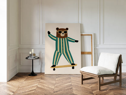 Cool Bear on Skateboard Retro Kids Wall Art