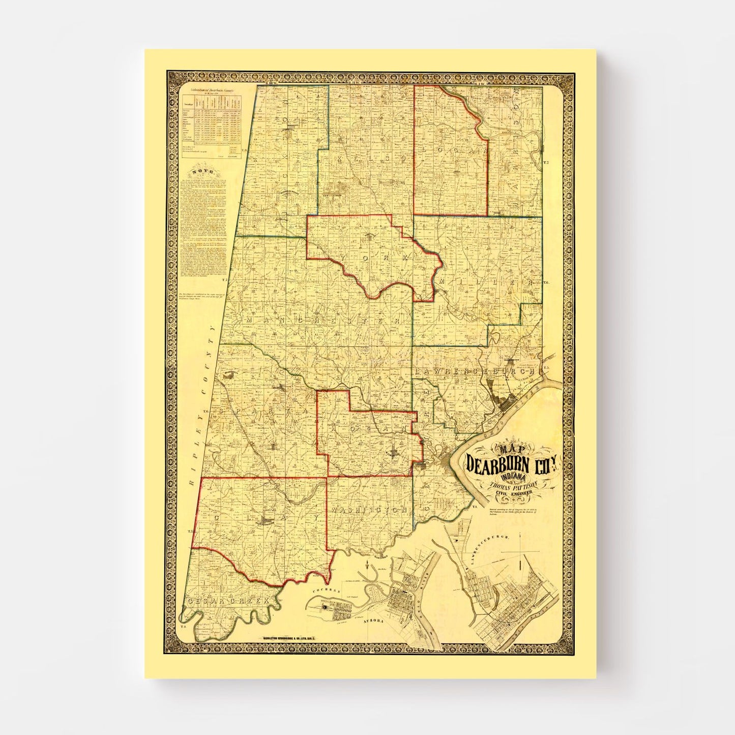 Vintage Map of Dearborn County, Indiana, 1860