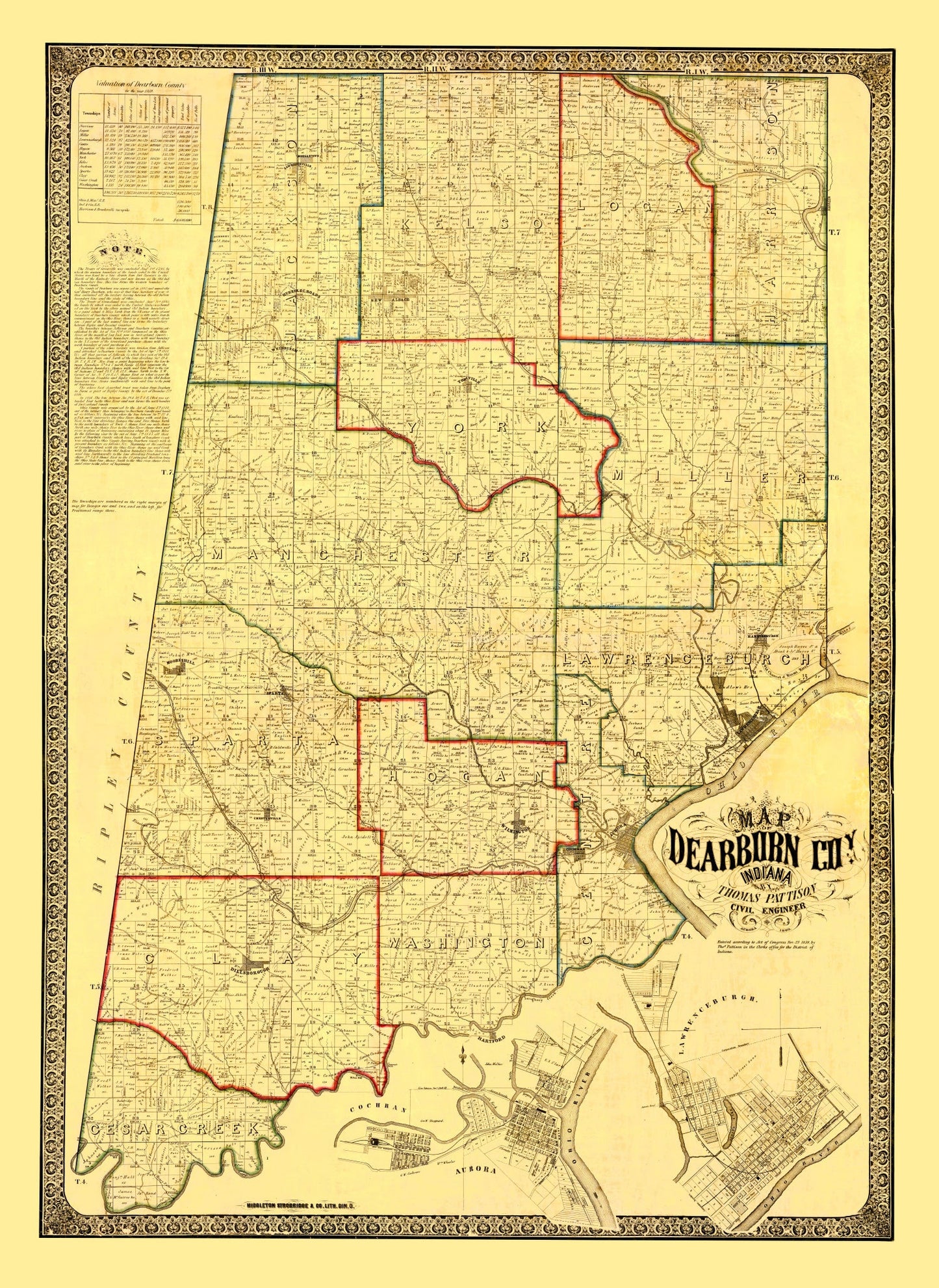 Vintage Map of Dearborn County, Indiana, 1860