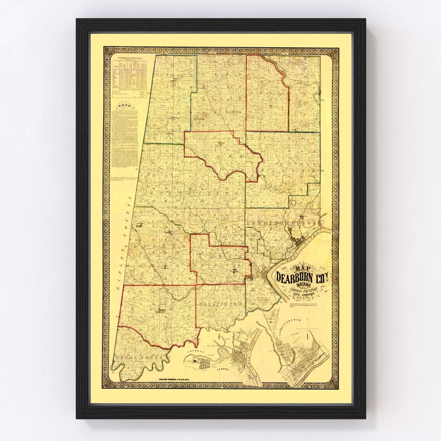 vintage map of Dearborn County, Indiana, 1860