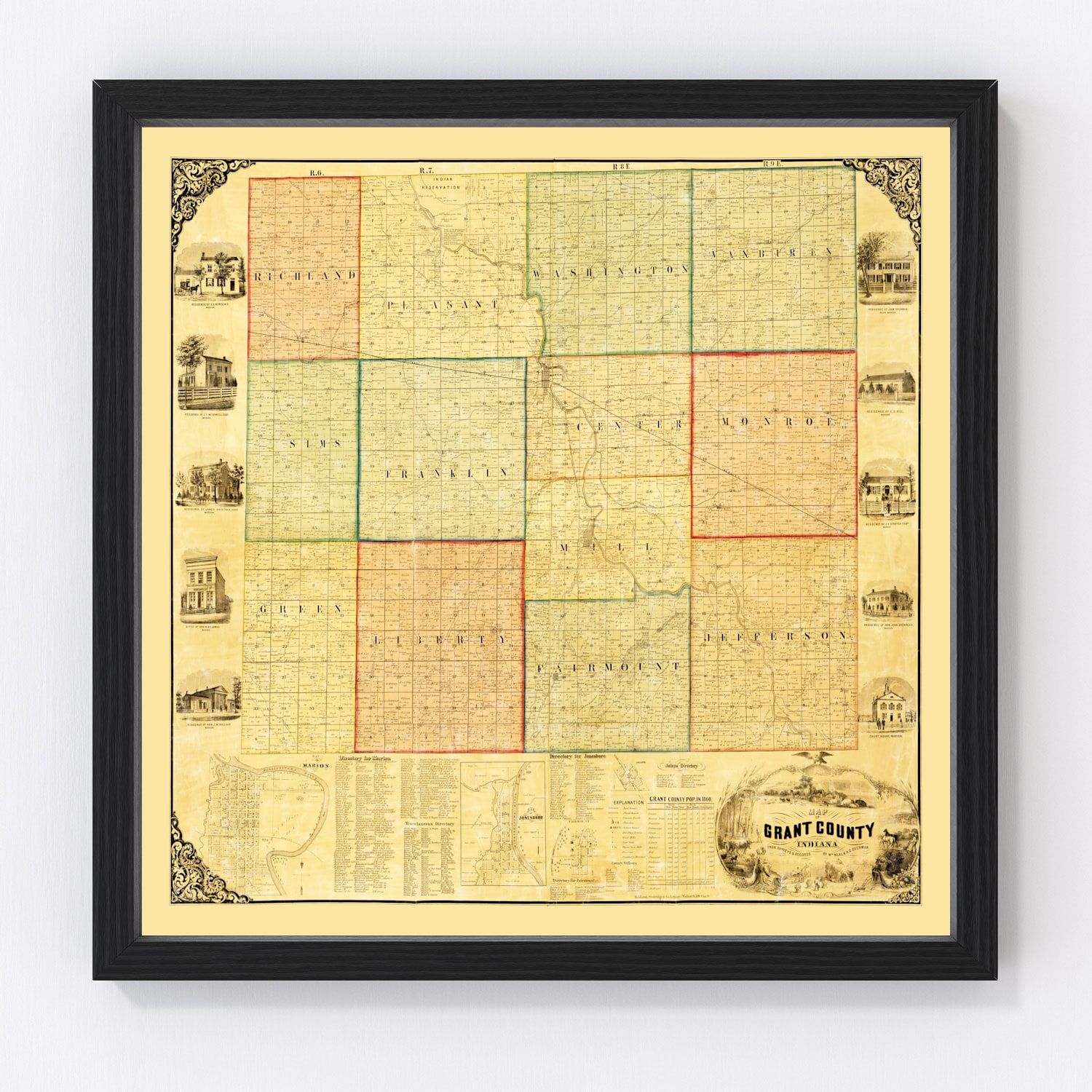 Vintage map of Grant County, Indiana, 1869