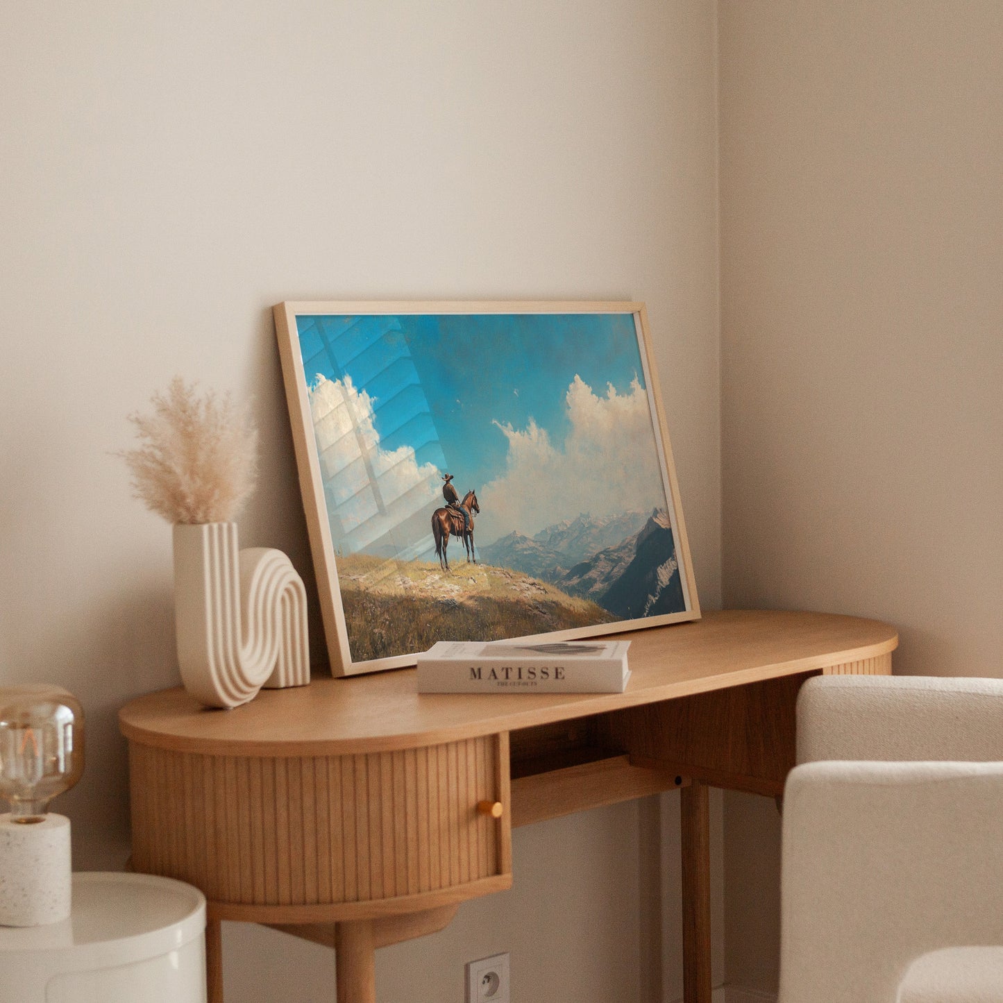 Lone Cowboy on Horseback Western Mountain Print