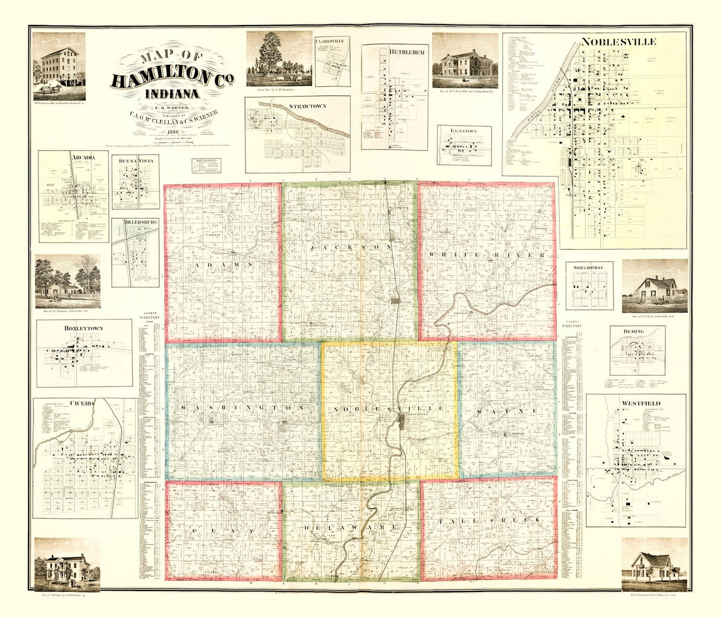 Vintage Map of Hamilton County, Indiana, 1866