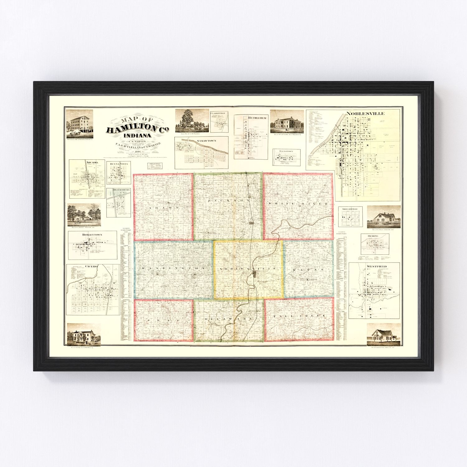 Vintage map of Hamilton County, Indiana, 1866