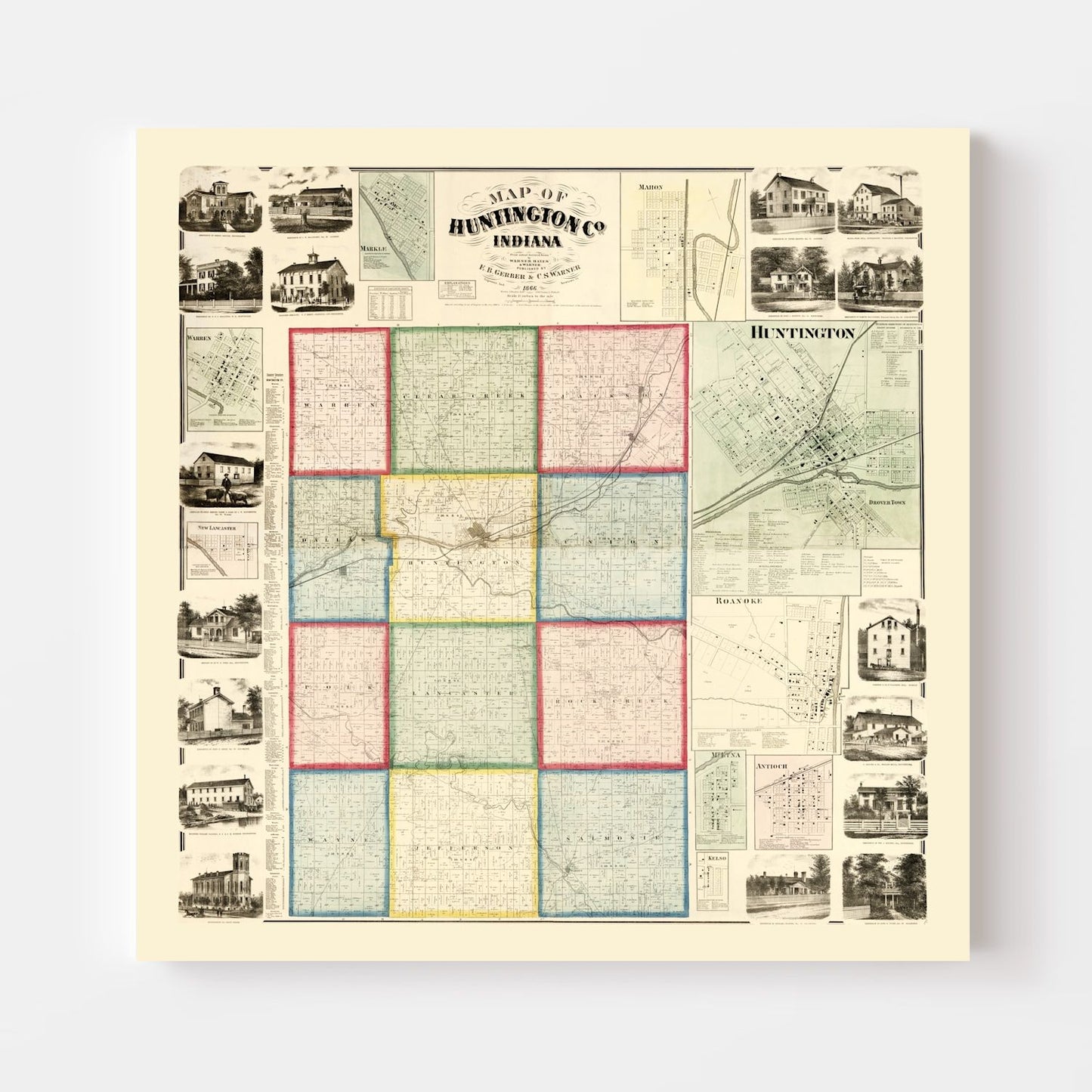Vintage Map of Huntington County, Indiana, 1866