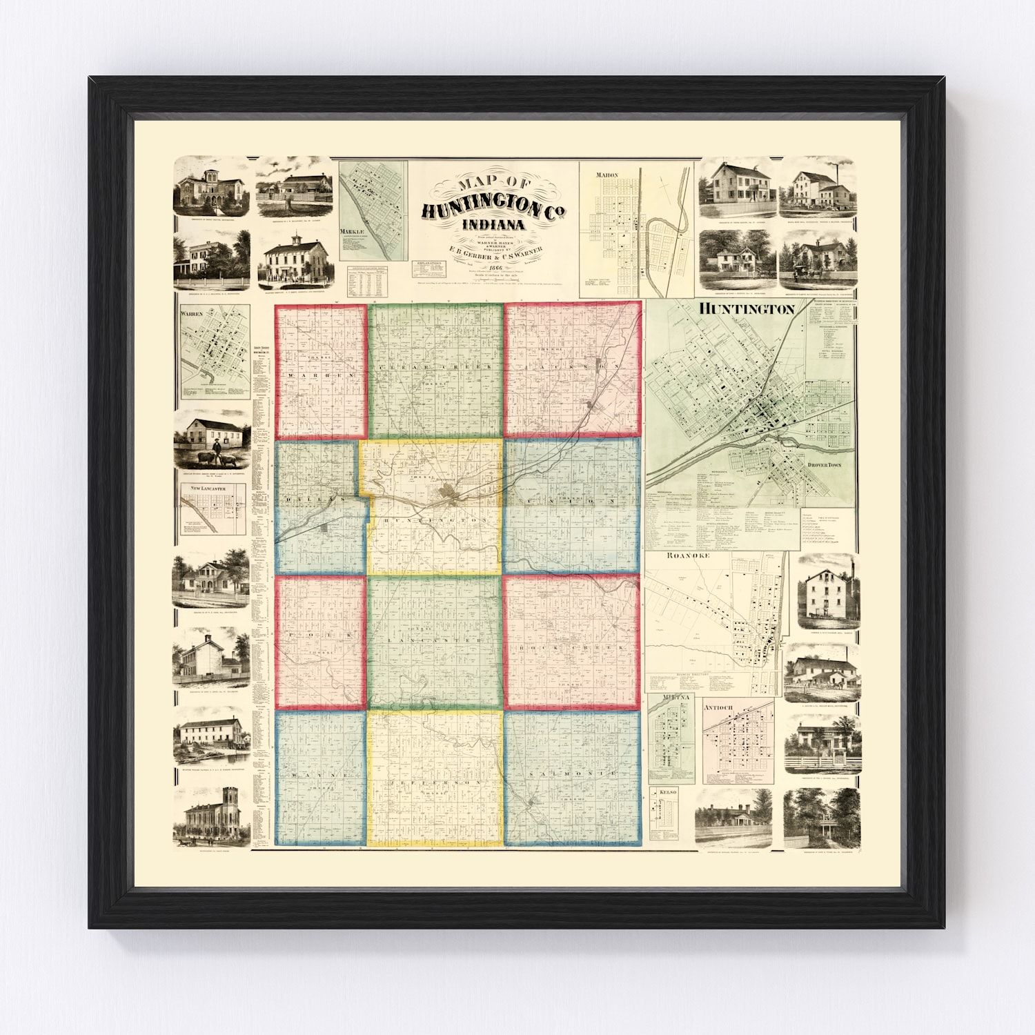 vintage map of Huntington County, Indiana, 1866