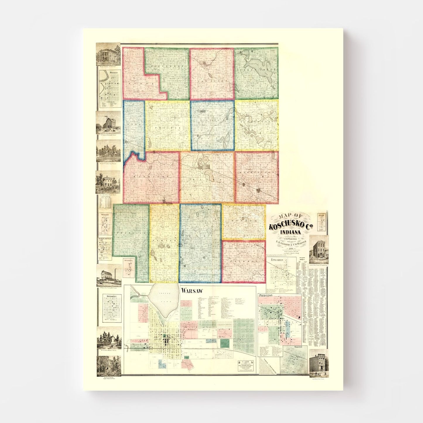 Vintage Map of Kosciusko County, Indiana, 1866