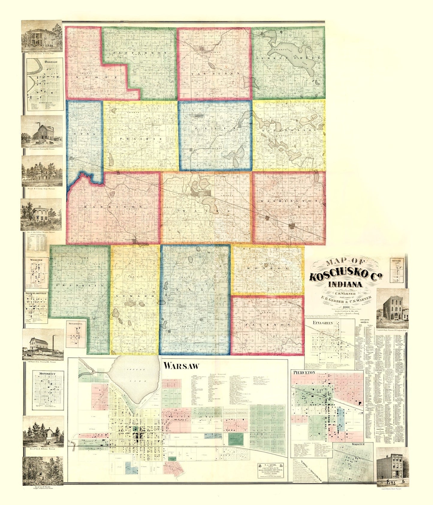Vintage Map of Kosciusko County, Indiana, 1866