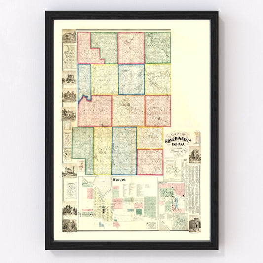vintage map of Kosciusko County, Indiana, 1866