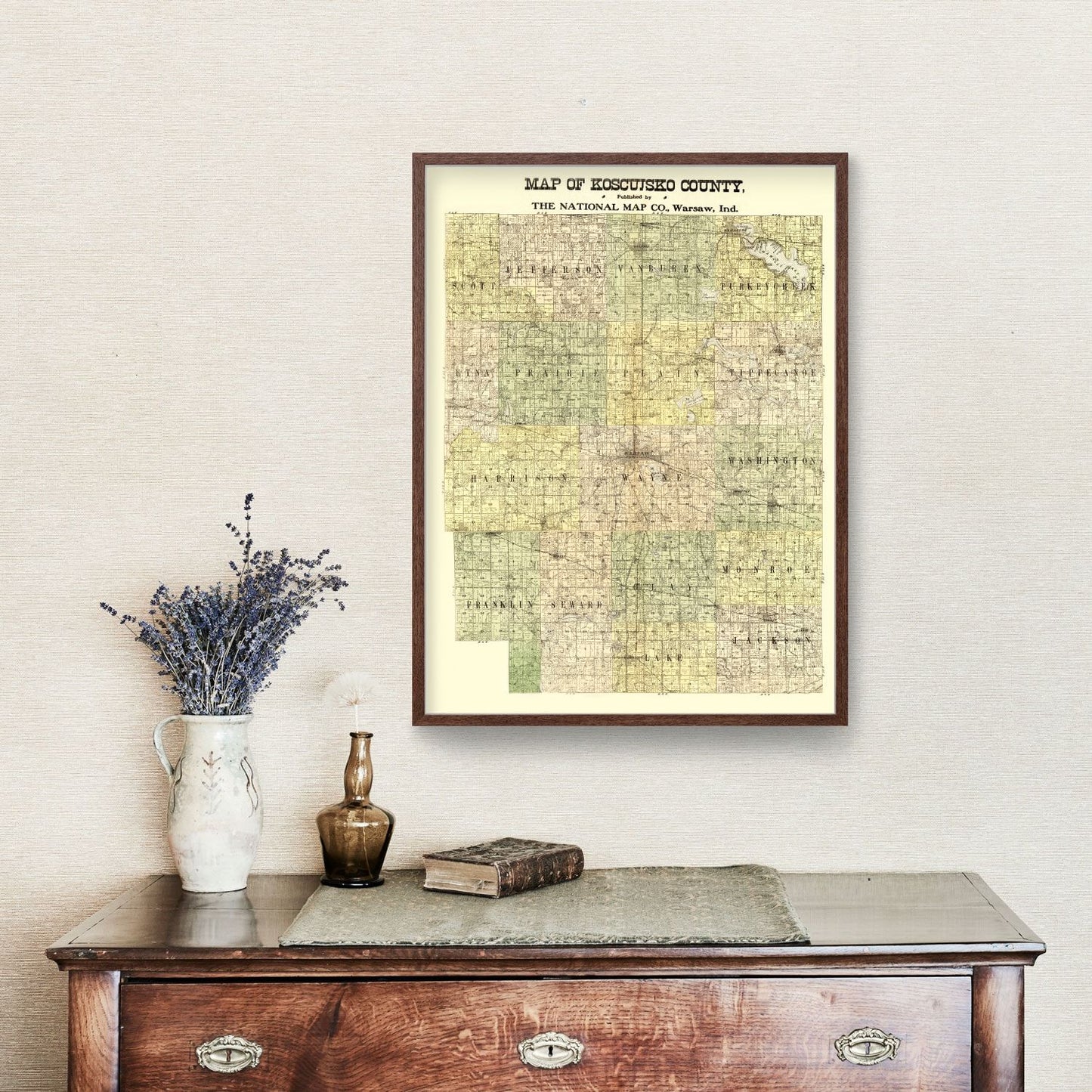 Vintage Map of Kosciusko County, Indiana, 1909