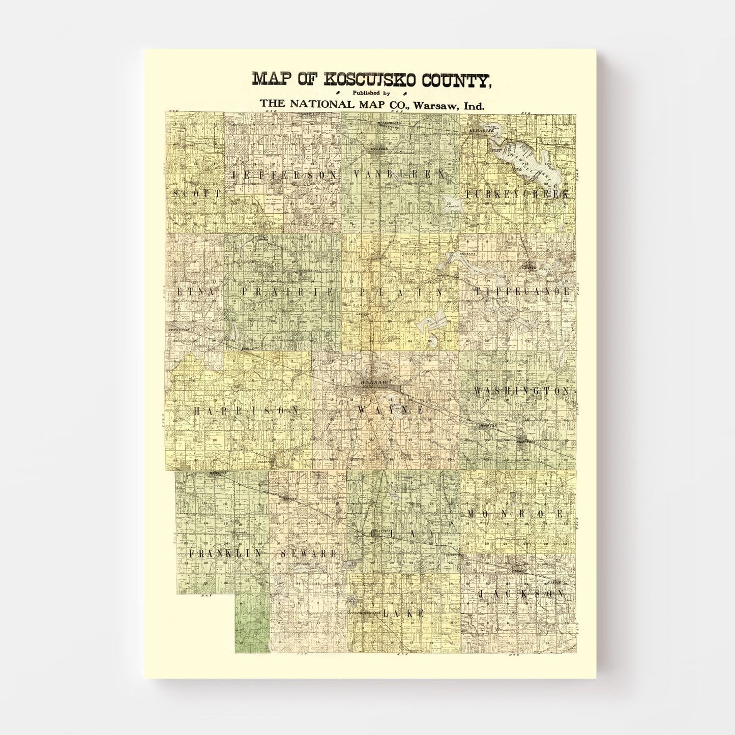 Vintage Map of Kosciusko County, Indiana, 1909