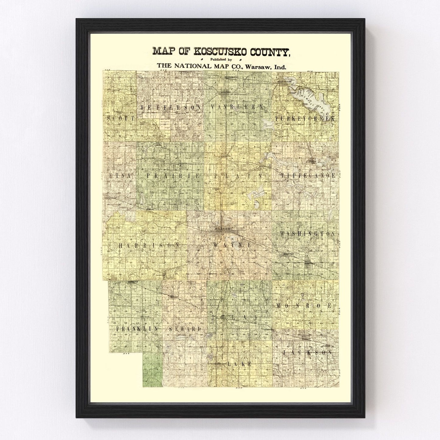 vintage map of Kosciusko County, Indiana, 1909