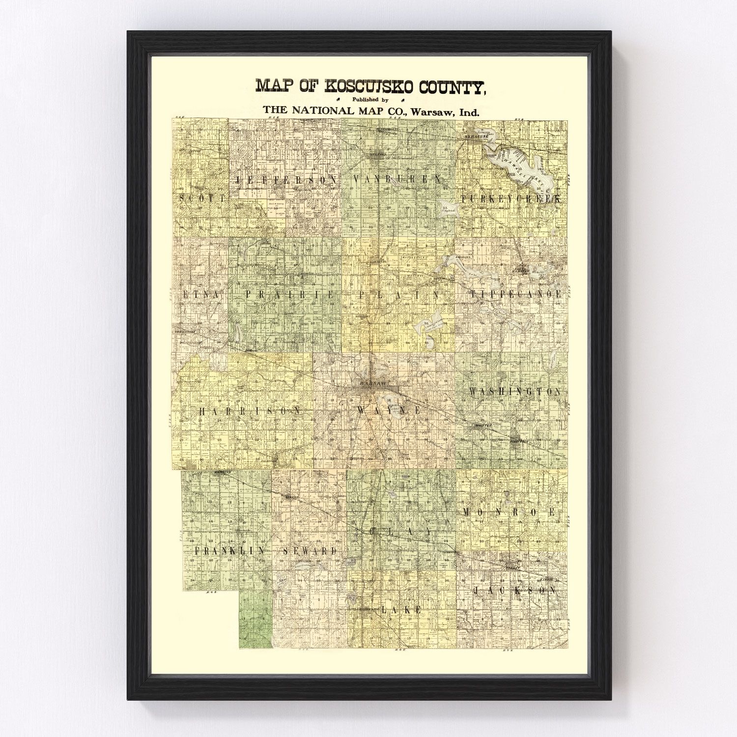 vintage map of Kosciusko County, Indiana, 1909