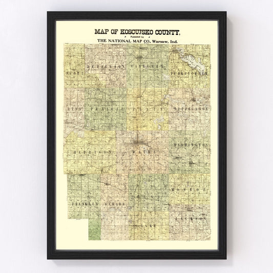 vintage map of Kosciusko County, Indiana, 1909
