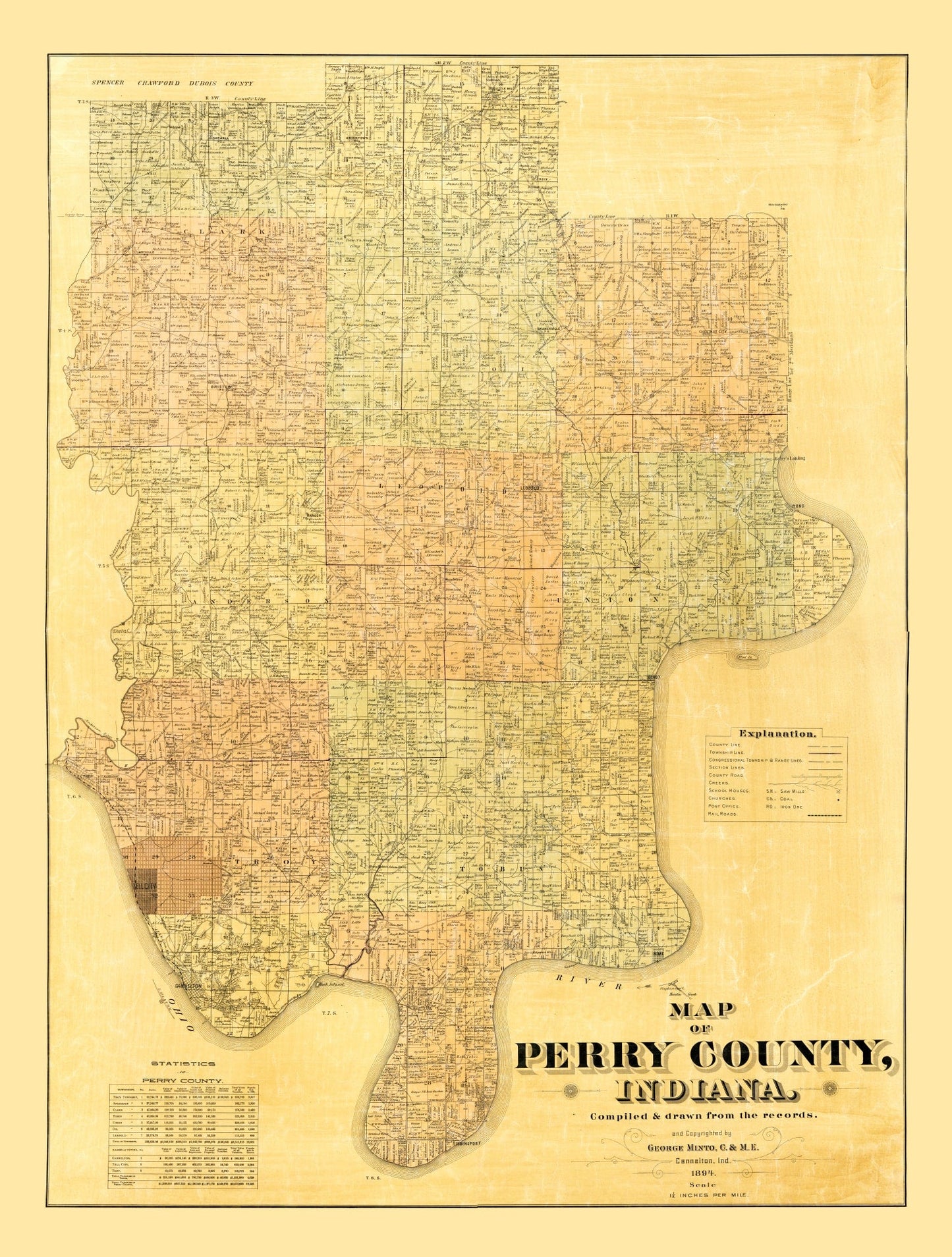 Vintage Map of Perry County, Indiana, 1894