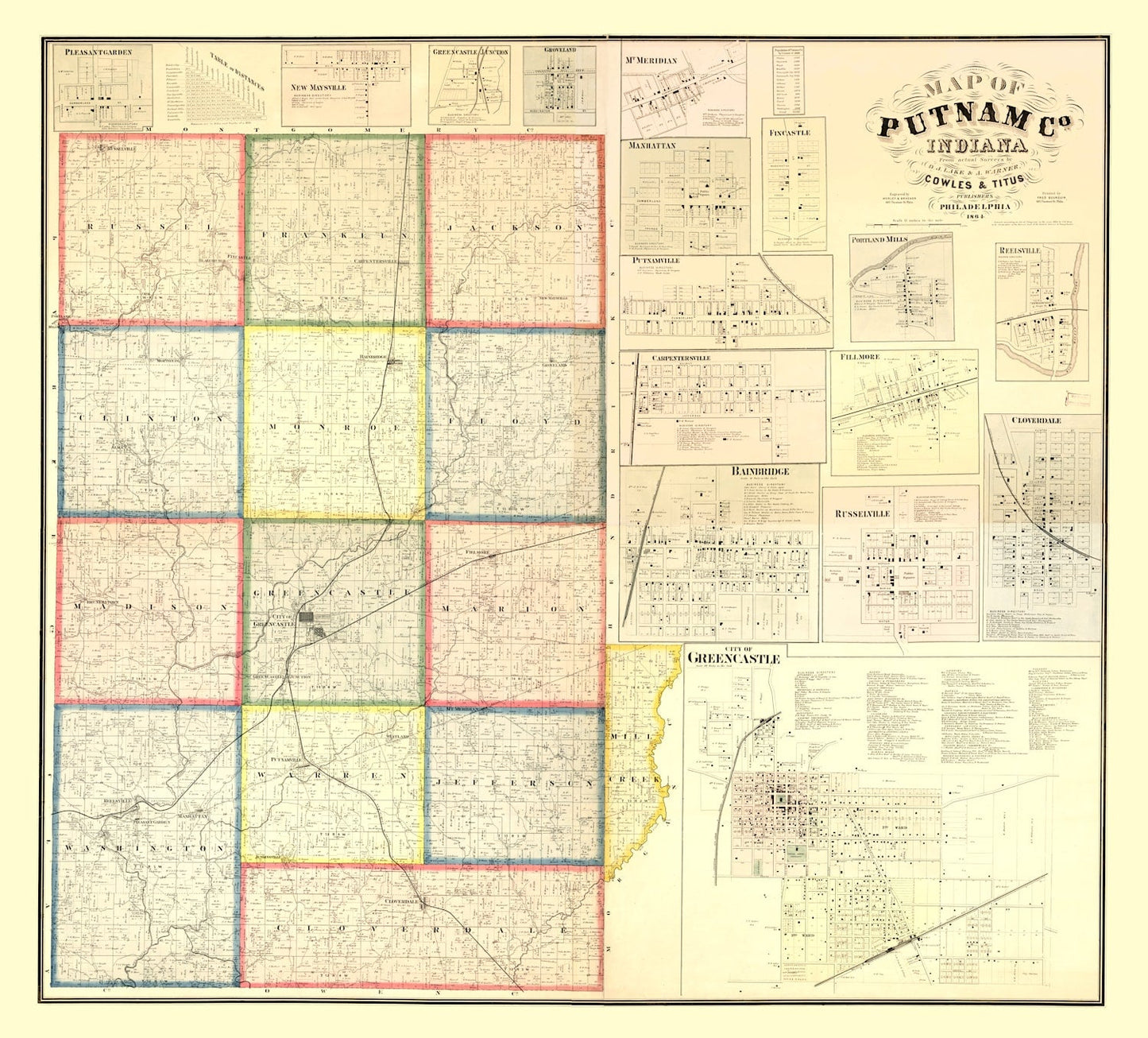 Vintage Map of Putnam County, Indiana, 1864