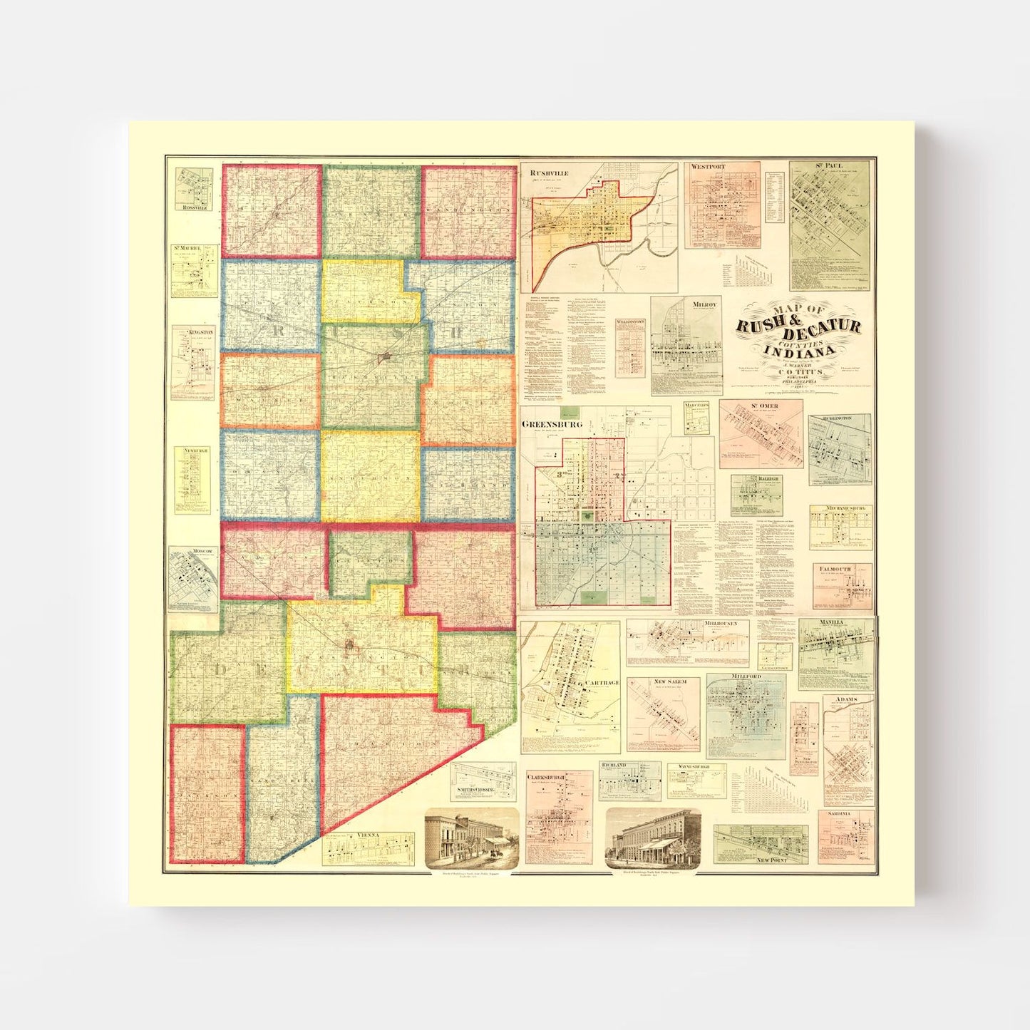 Vintage Map of Rush County, Indiana, 1867