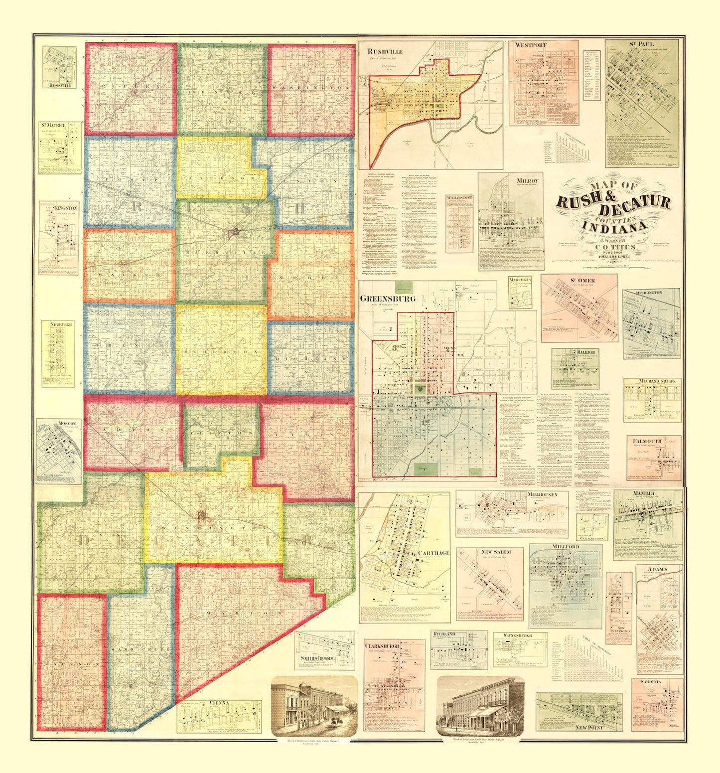Vintage Map of Rush County, Indiana, 1867