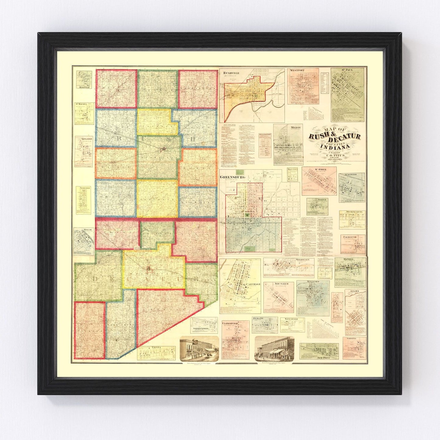 vintage map of Rush County, Indiana, 1867