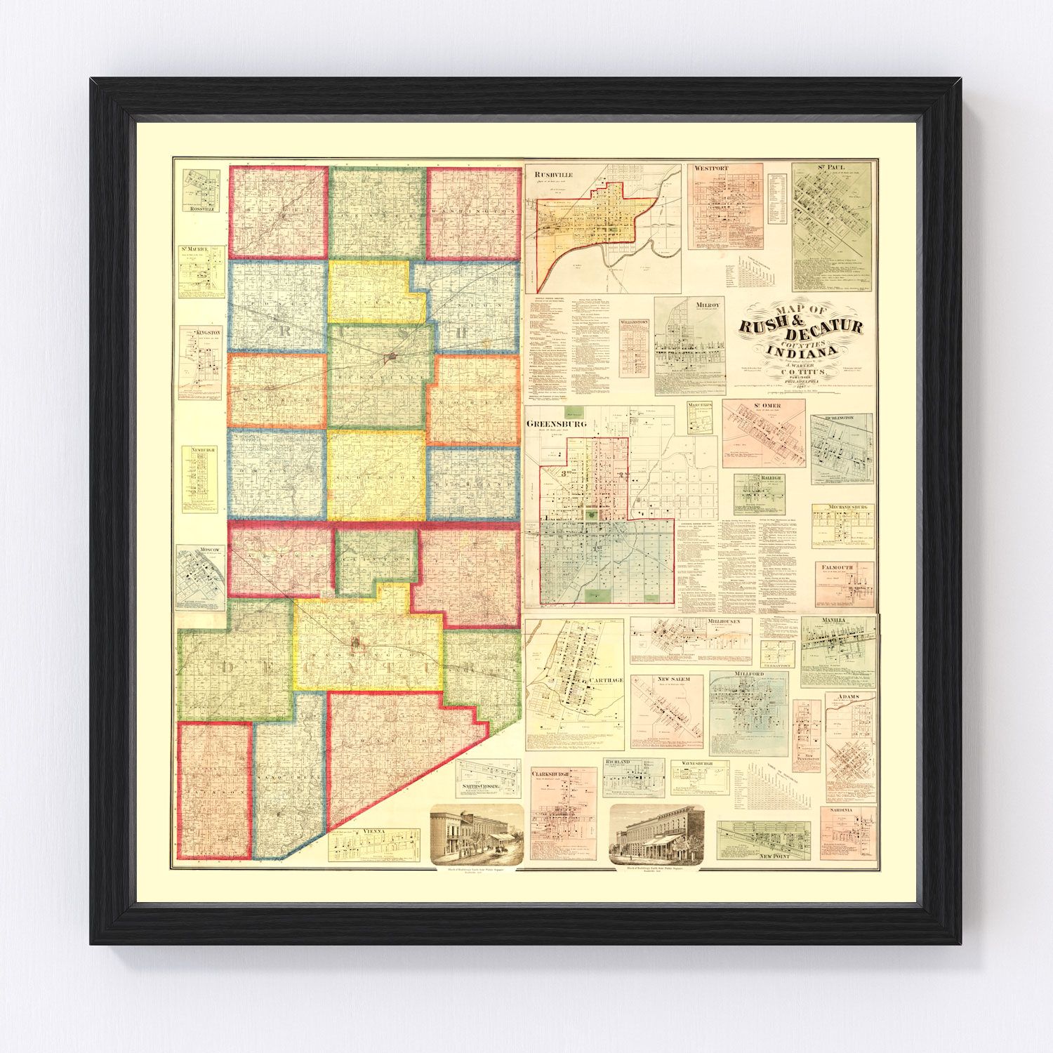 vintage map of Rush County, Indiana, 1867