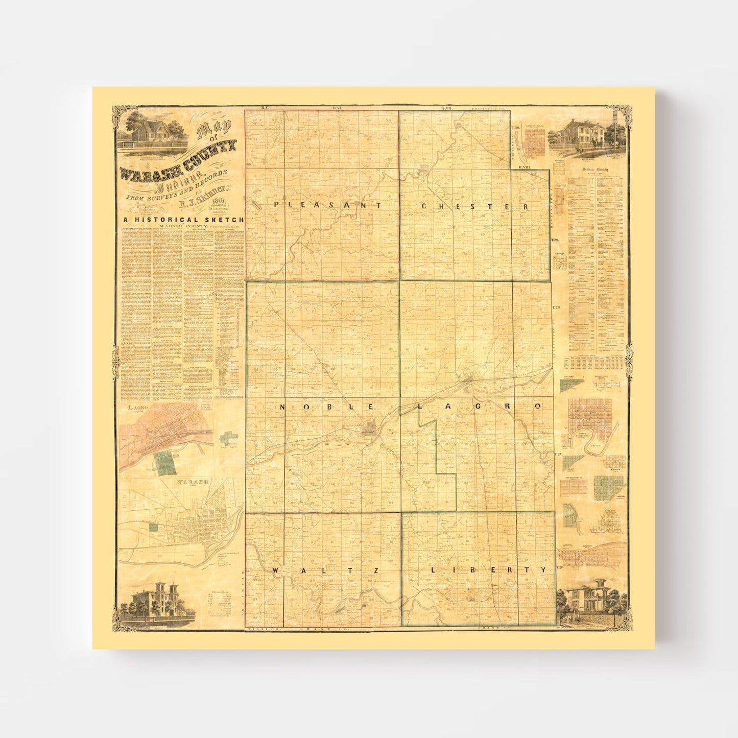 Vintage Map of Wabash County, Indiana, 1861