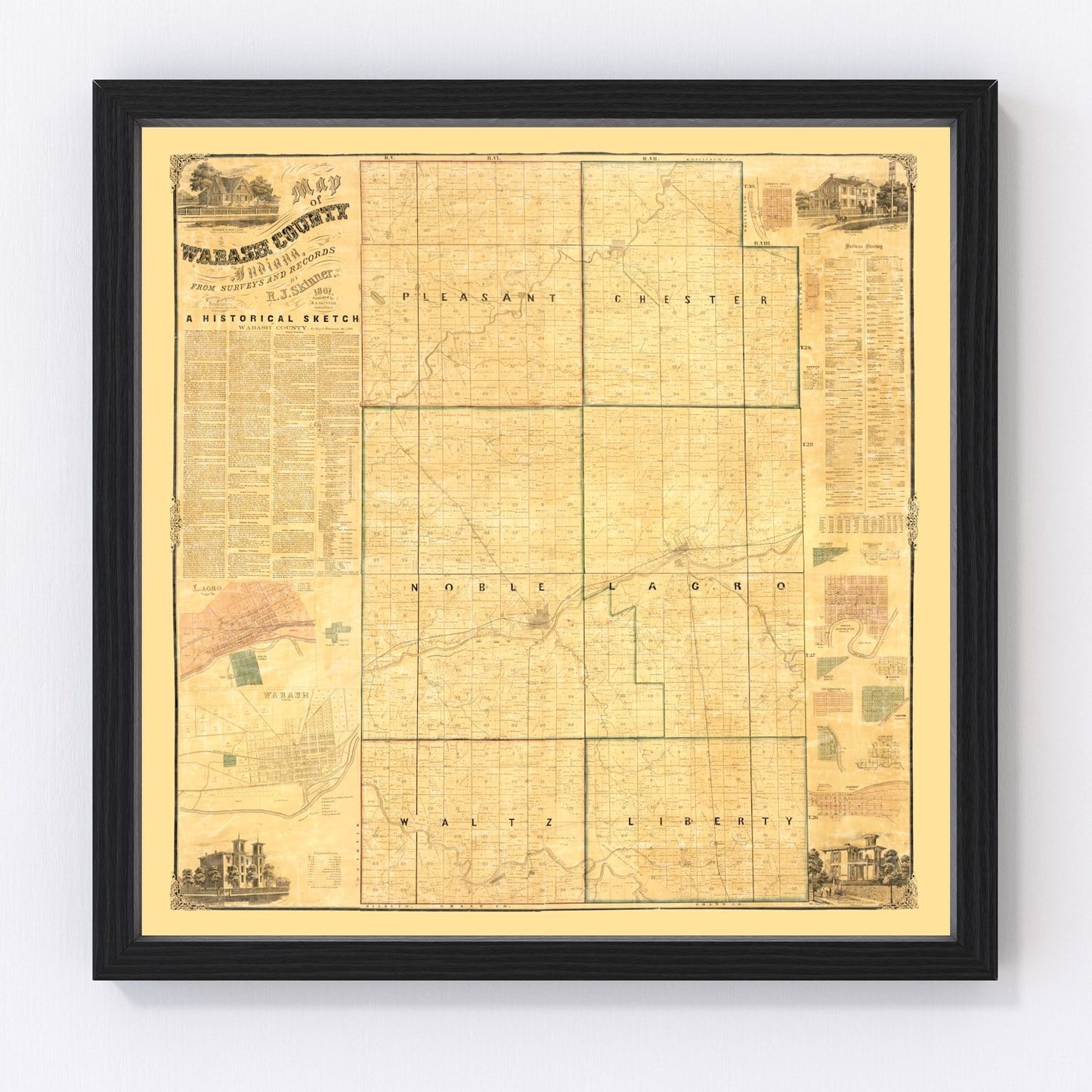 Vintage map of Wabash County, Indiana, 1861, digitally restored