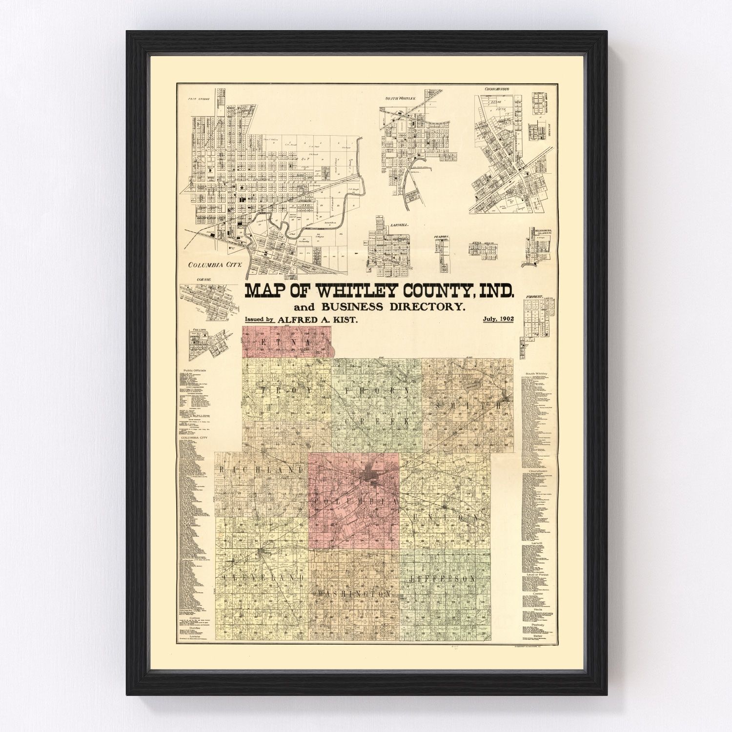 Vintage map of Whitley County, Indiana 1902, Columbia City and South Whitley area