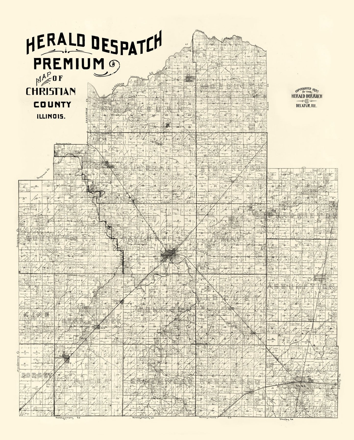 Vintage Map of Christian County, Illinois, 1893