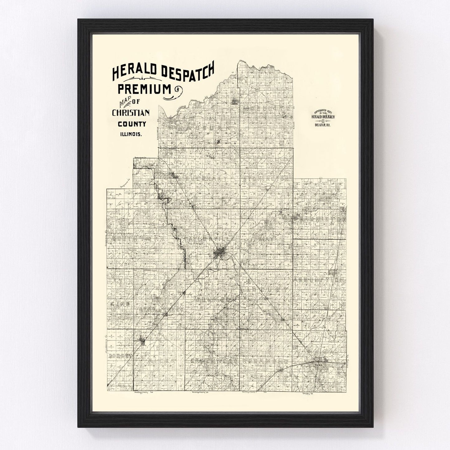 Vintage map of Christian County, Illinois, 1893