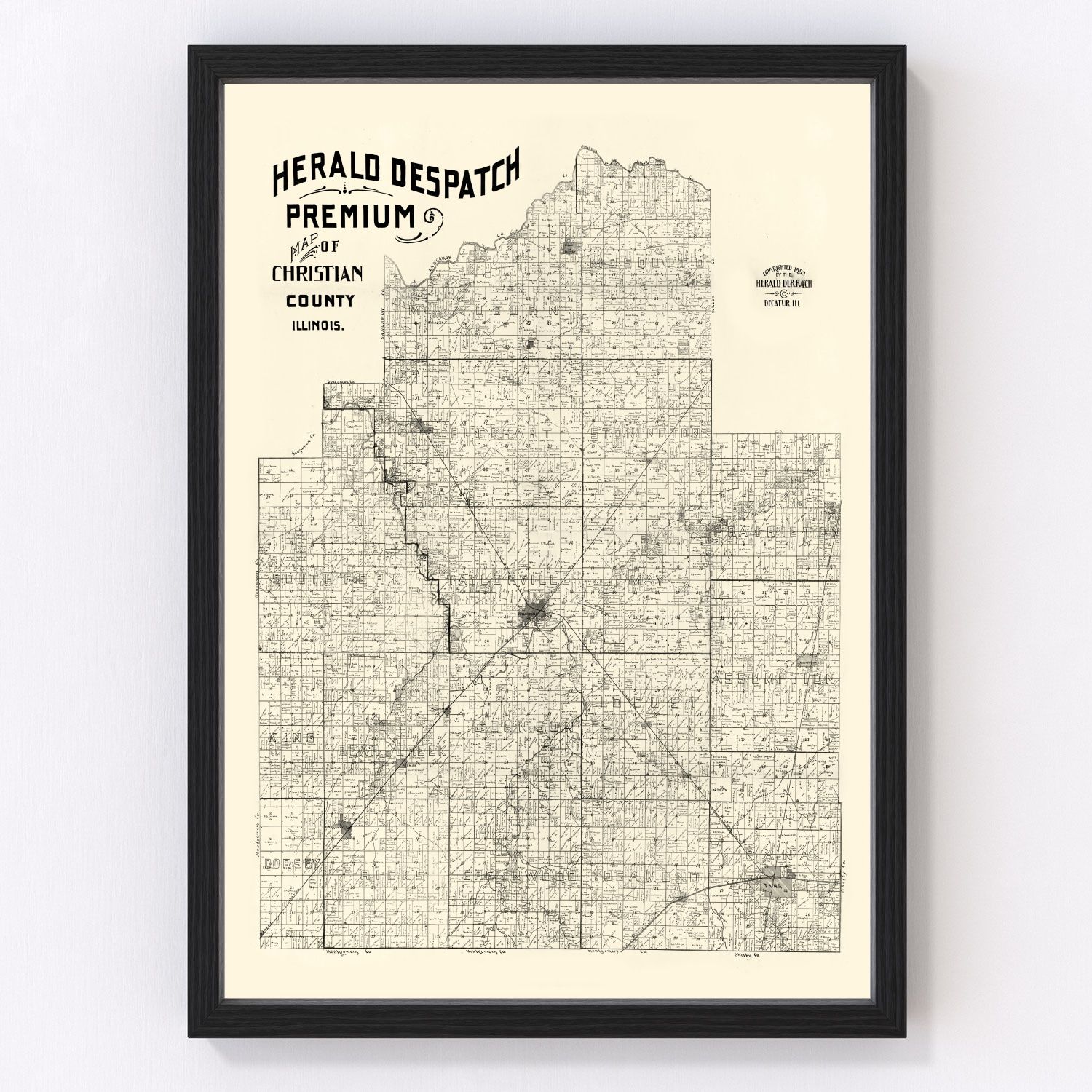 Vintage map of Christian County, Illinois, 1893