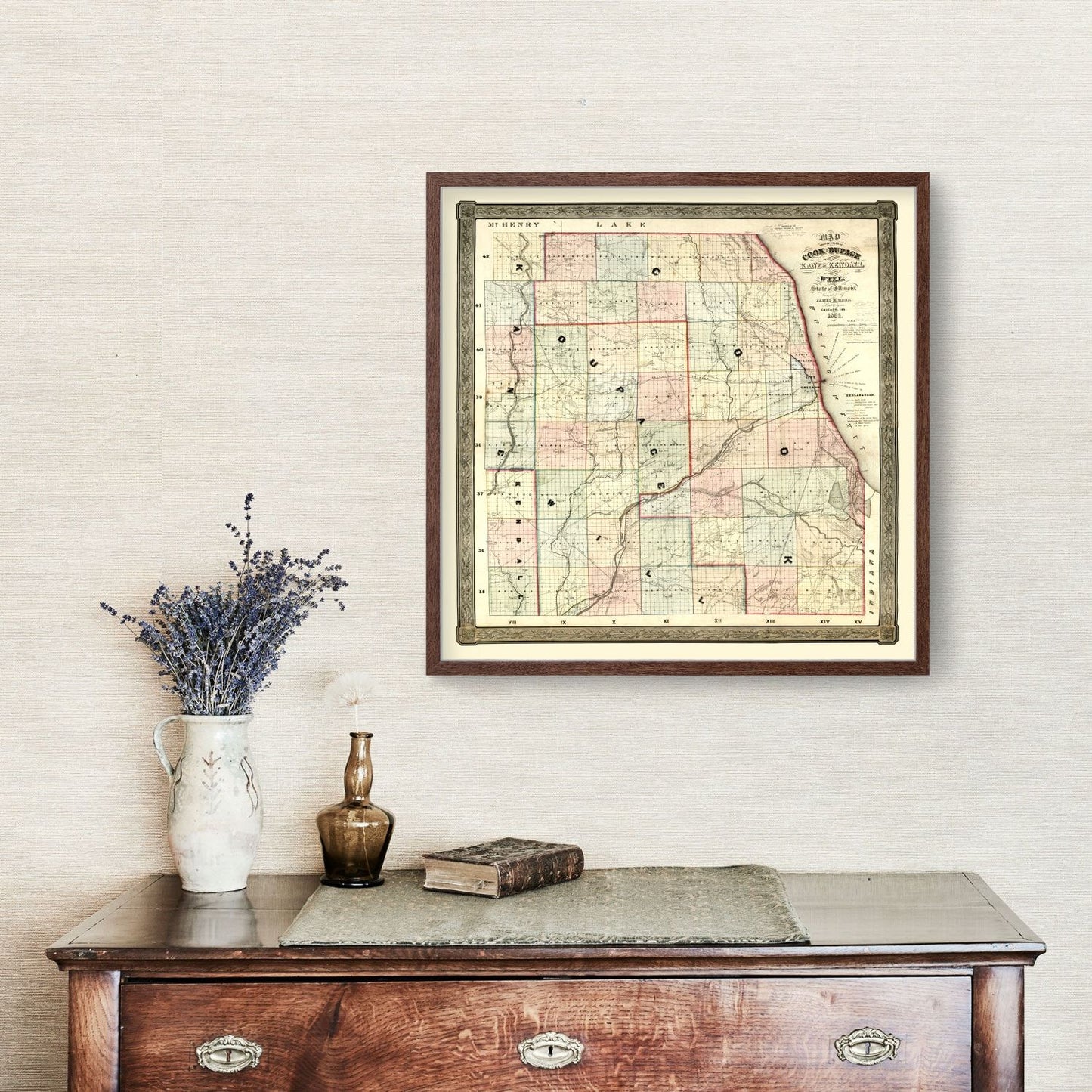 Vintage Map of Kane County, Illinois, 1851