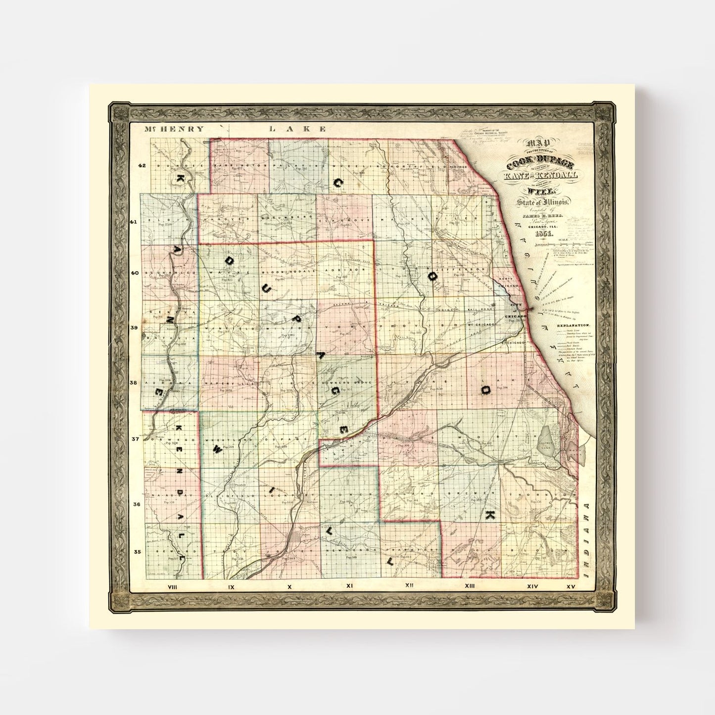 Vintage Map of Kane County, Illinois, 1851
