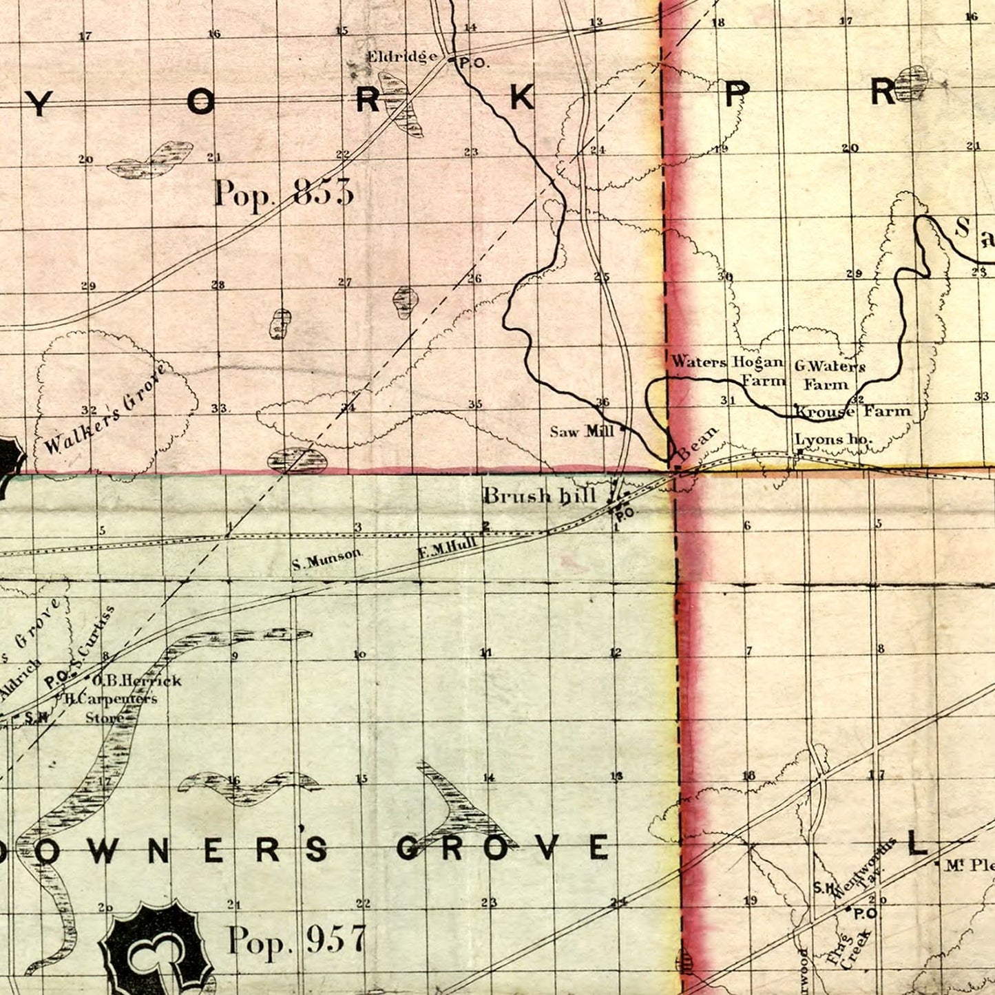 Vintage Map of Kane County, Illinois, 1851