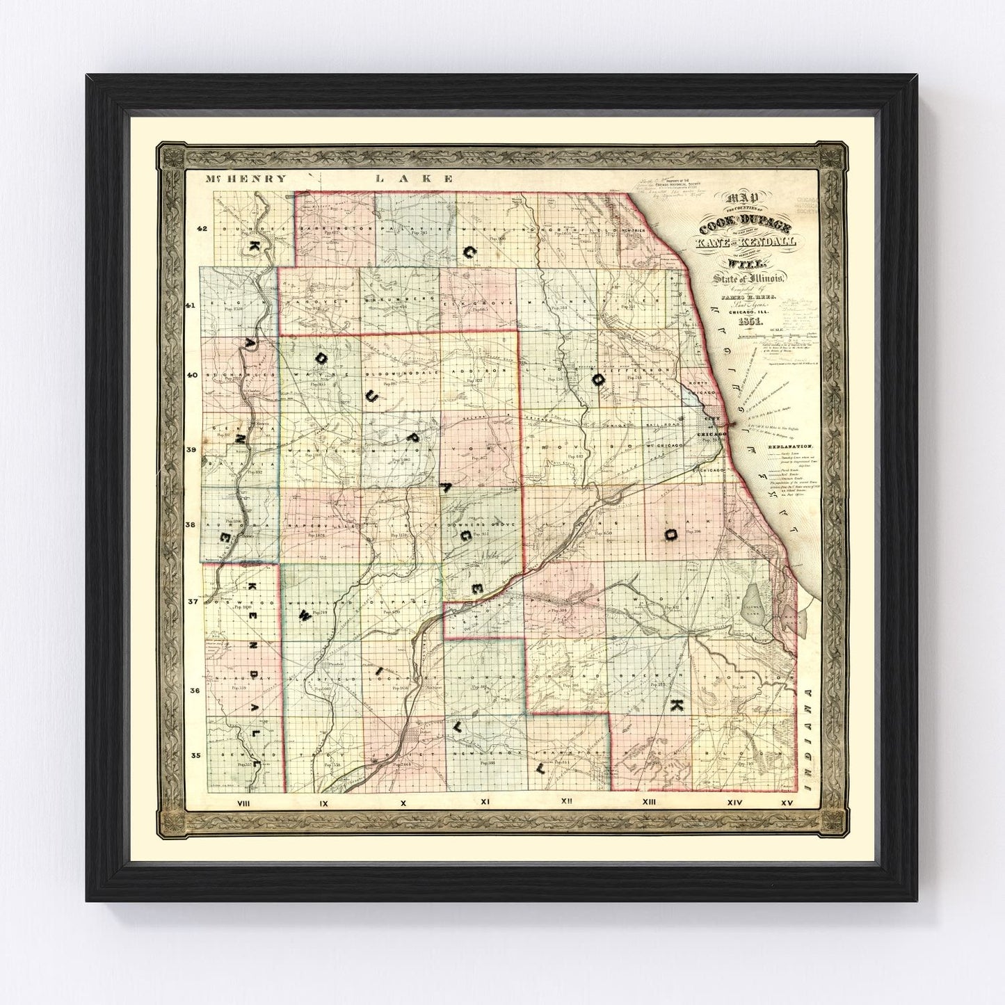 Vintage map of Kane County, Illinois, 1851