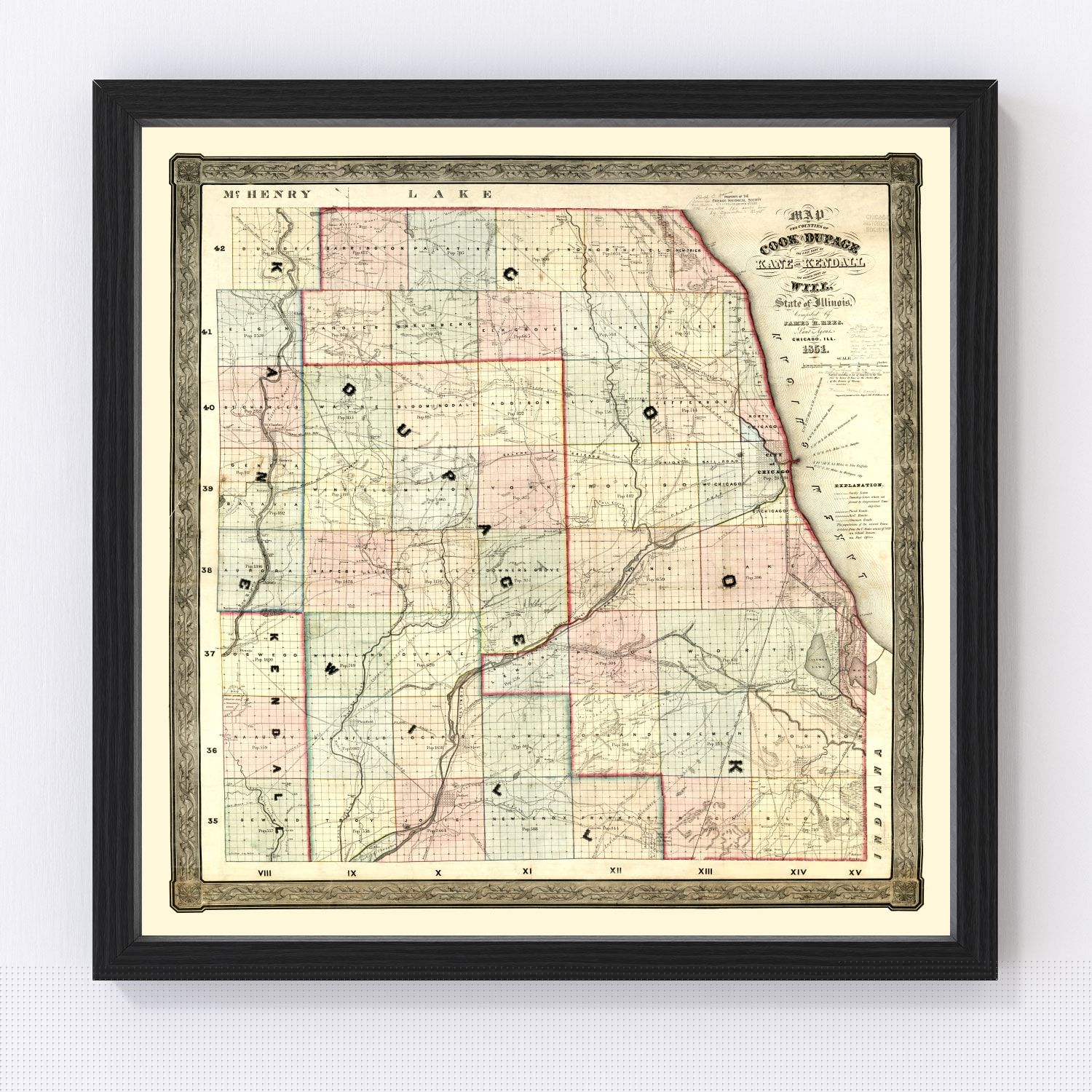 Vintage map of Kane County, Illinois, 1851