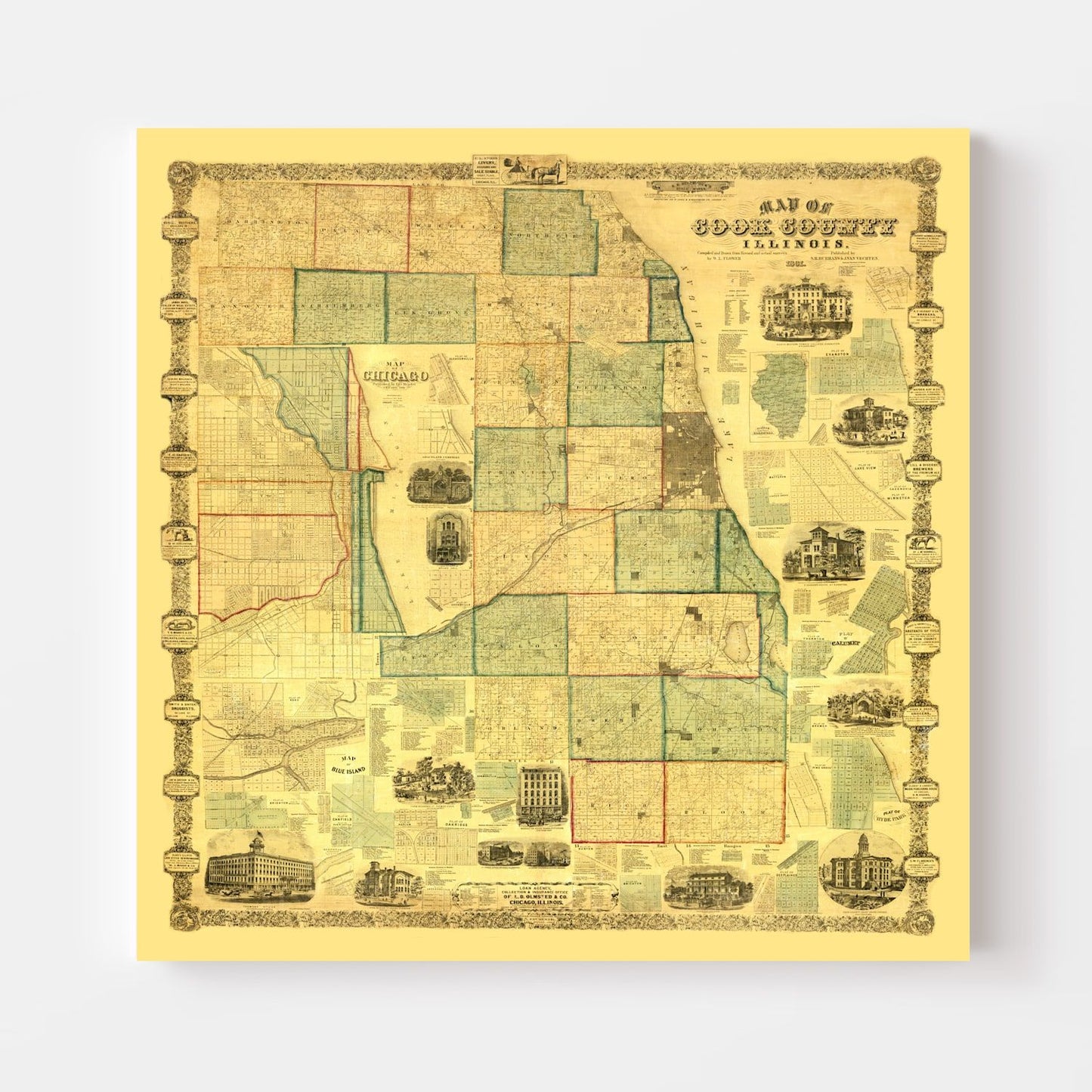Vintage Map of Cook County, Illinois, 1861