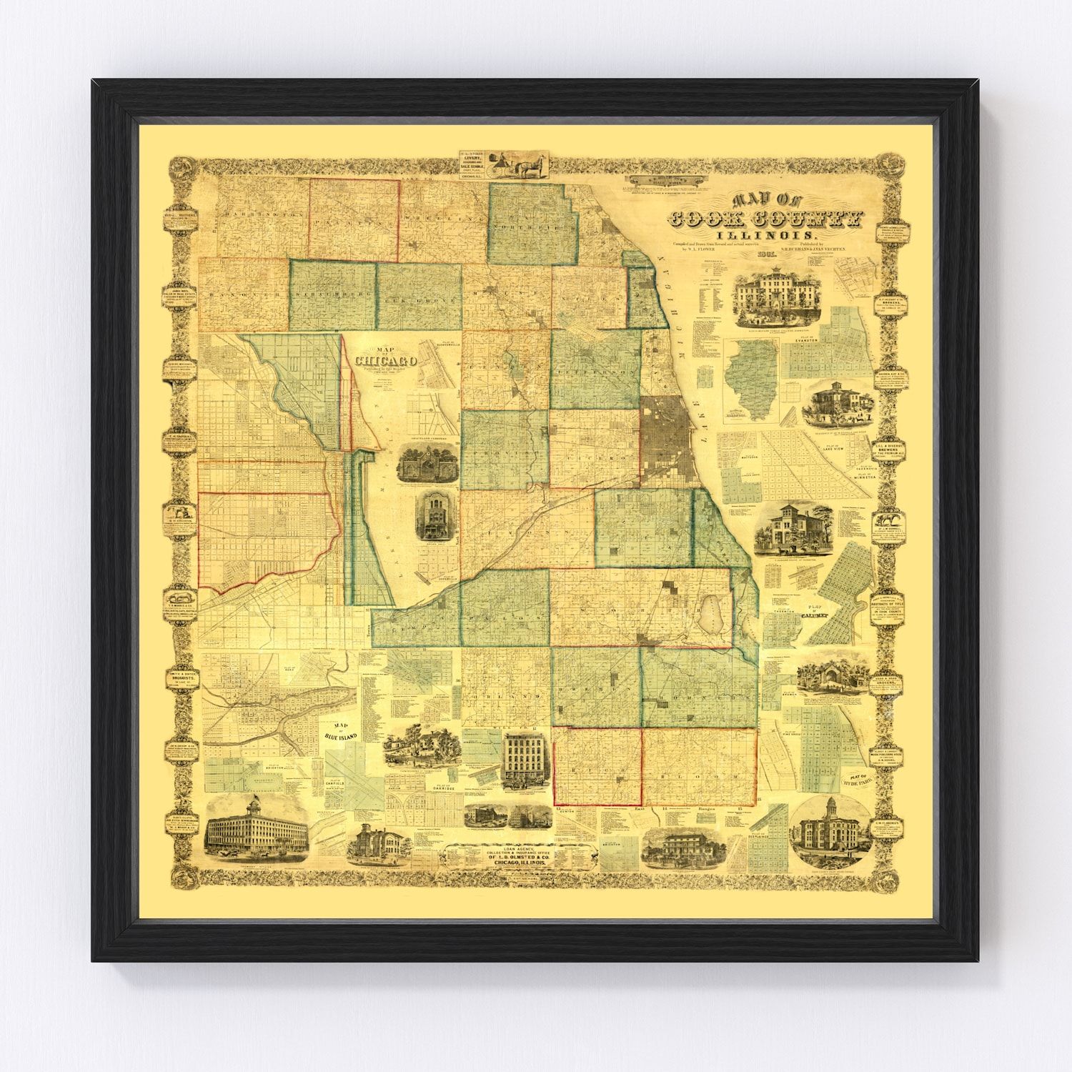 Vintage map of Cook County, Illinois, 1861