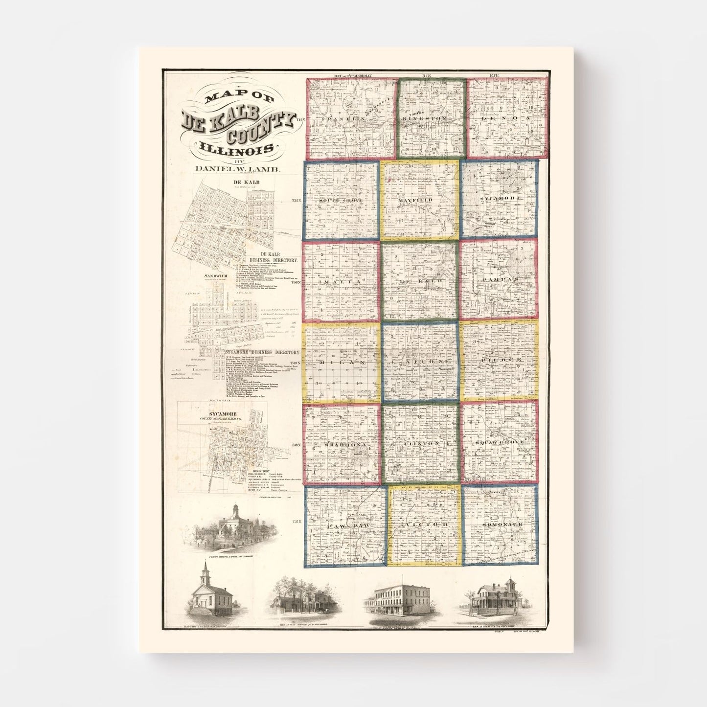 Vintage Map of De Kalb County, Illinois, 1860