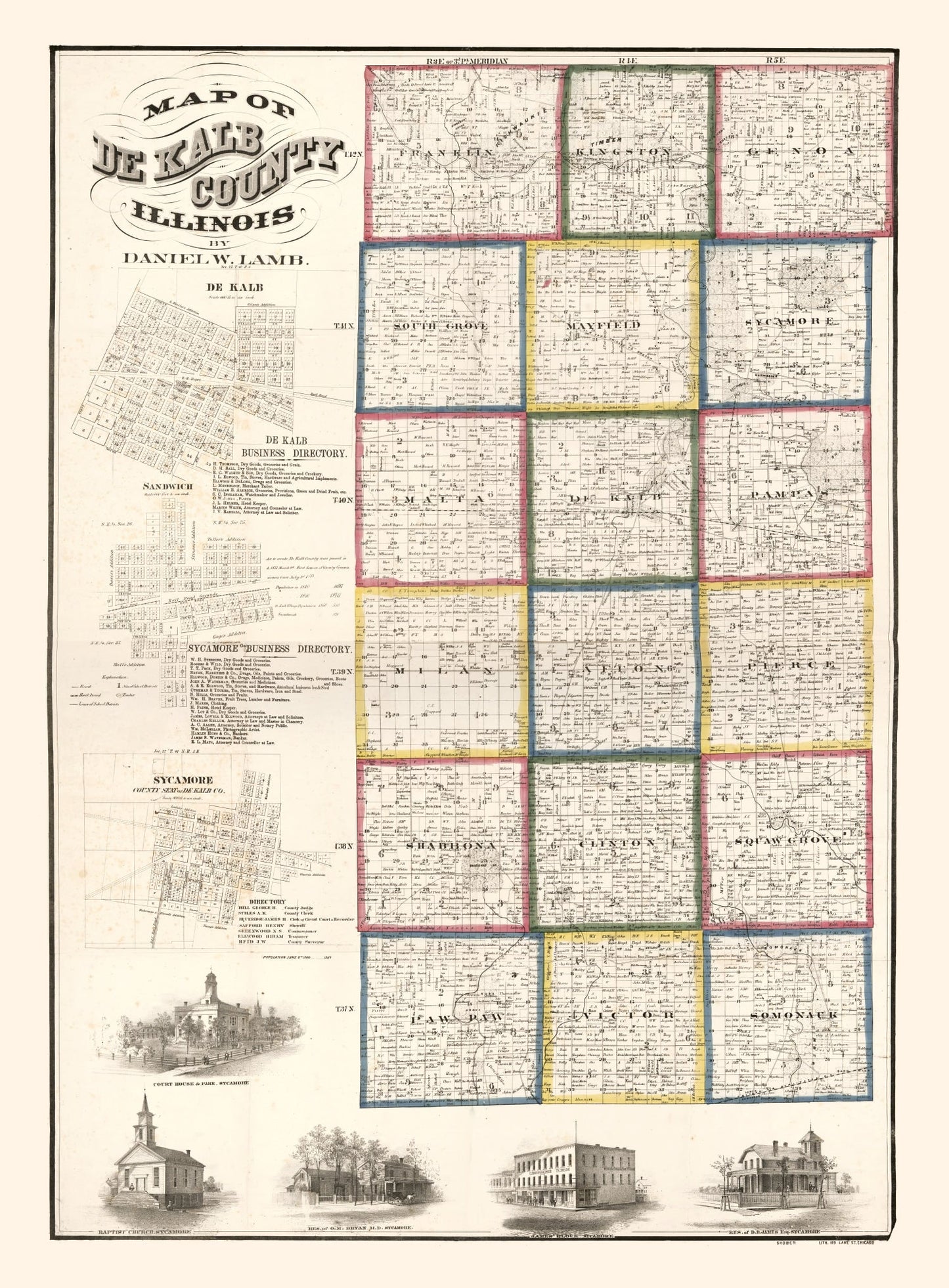 Vintage Map of De Kalb County, Illinois, 1860