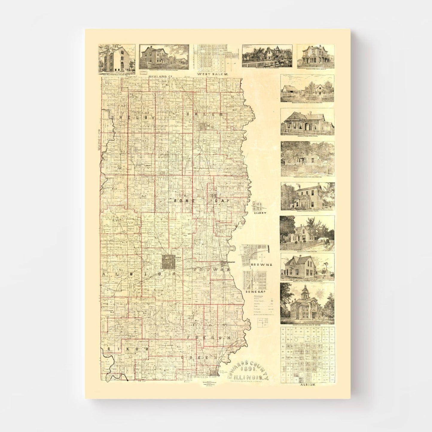 Vintage Map of Edwards County, Illinois, 1891