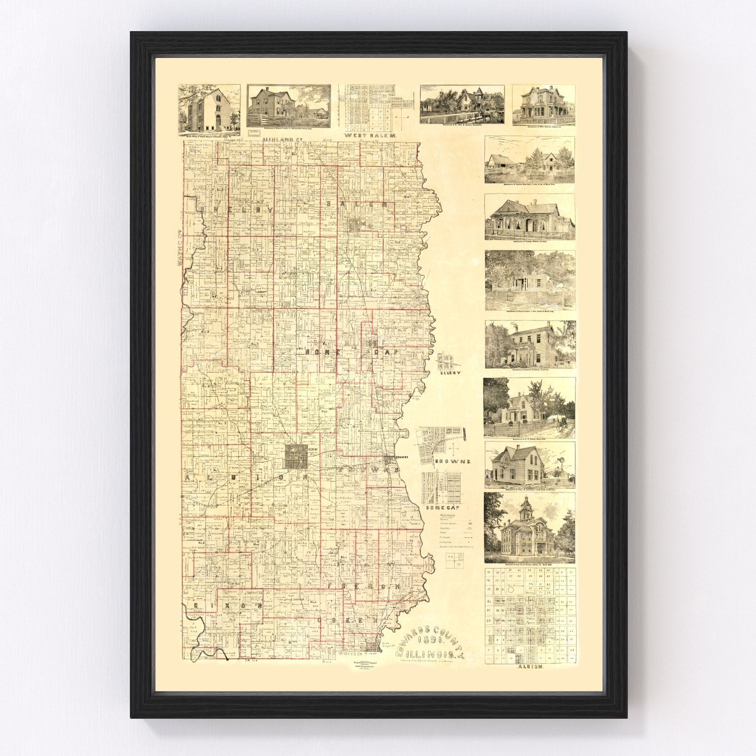 Vintage map of Edwards County, Illinois, 1891