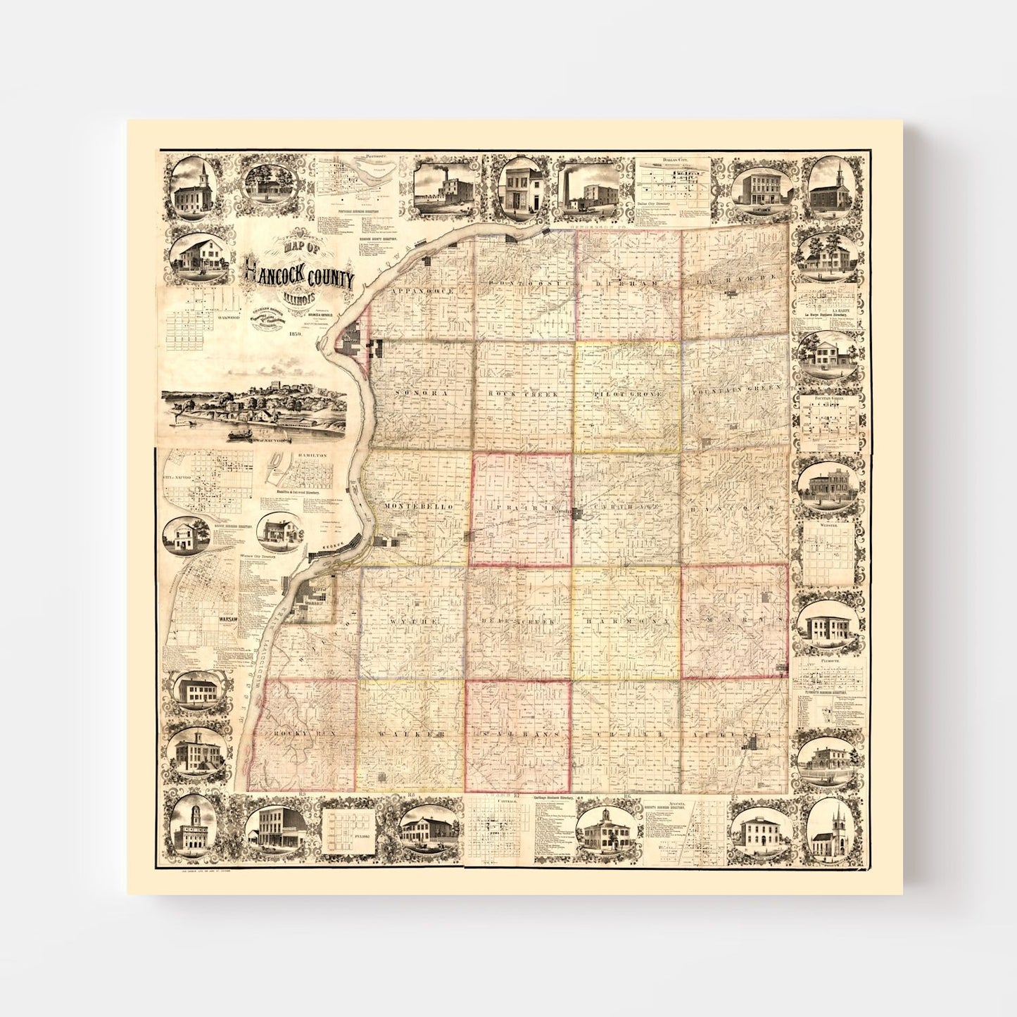 Vintage Map of Hancock County, Illinois, 1859