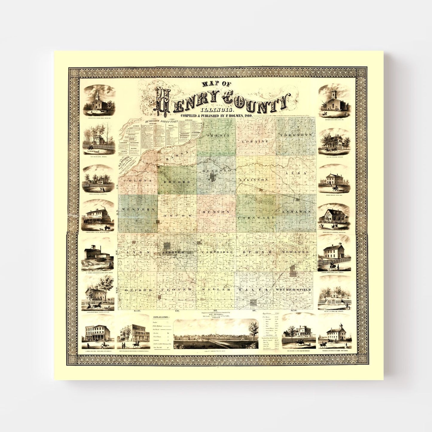 Vintage Map of Henry County, Illinois, 1860