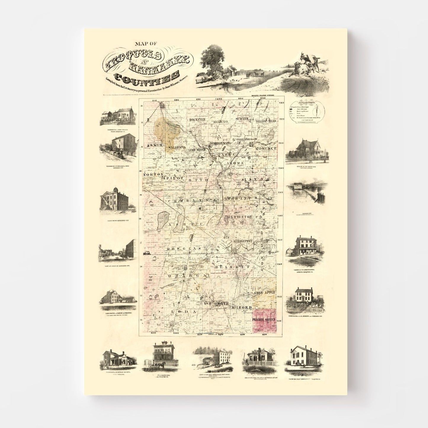 Vintage Map of Iroquois County, Illinois, 1860