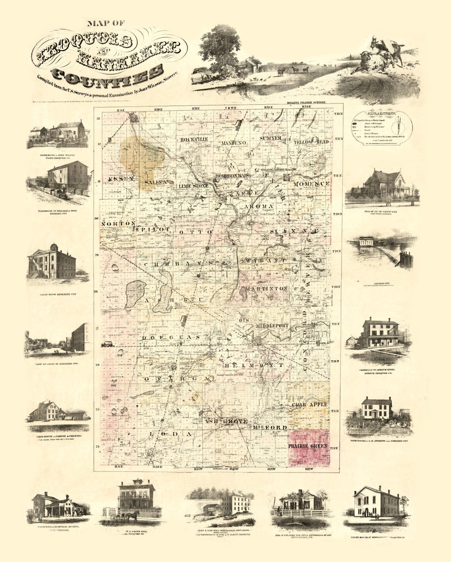 Vintage Map of Iroquois County, Illinois, 1860